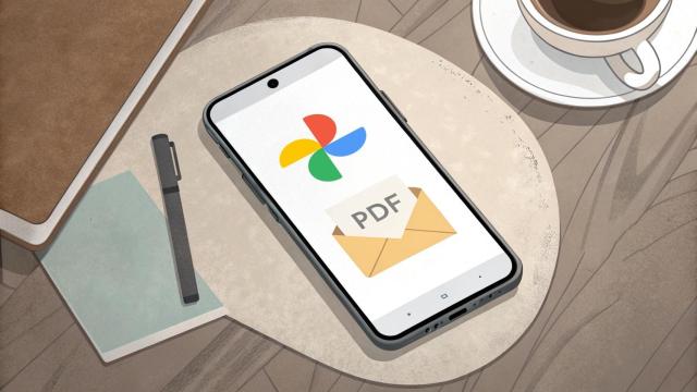 Ilustración de un móvil con el icono de PDF y de Google Fotos