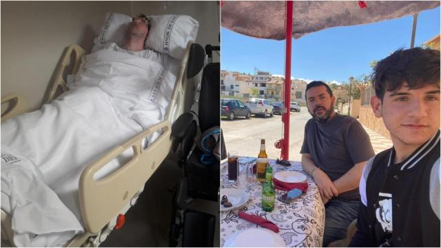 David, hospitalizado en el San Rafael de Granada. Al lado, una foto suya junto a su hijo mayor, Álex, antes de sufrir una negligencia médica.