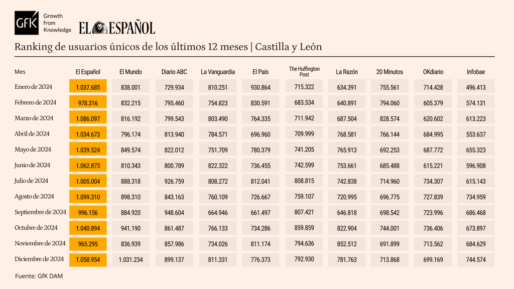 Ránking de GFK de usuarios únicos en Castilla y León en 2024