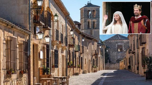 Una calle de Pedraza junto a una imagen del rodaje de la serie 'Isabel' en la villa