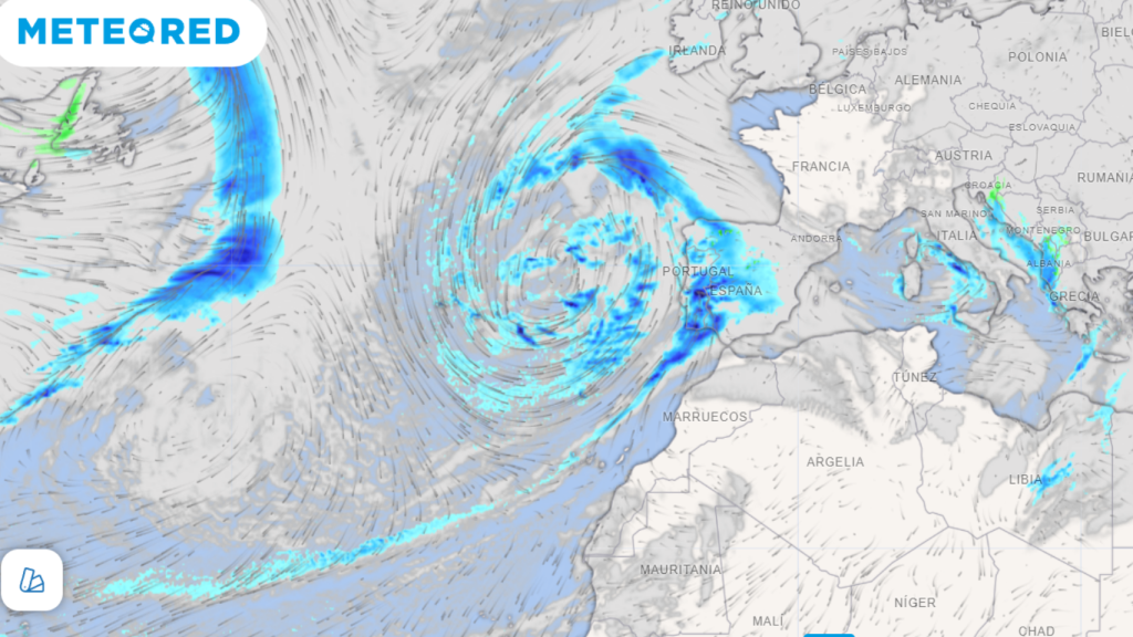 La principal borrasca alcanzará España en las primeras horas del martes. Meteored.