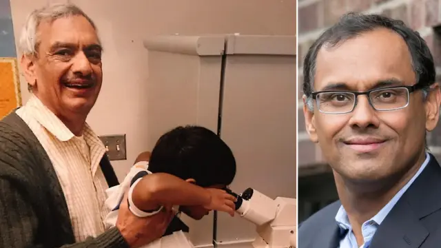 Sandeep Jauhar cuando era un niño en el laboratorio de su padre Prem, y en la actualidad. (© Beowulf Sheehan / sandeepjauhar.com)