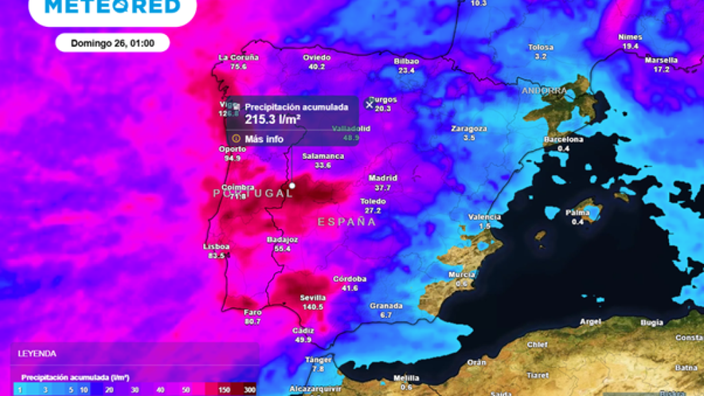 Meteored prevé la llegada de un río atmosférico que podría dejar 150 l/m2.