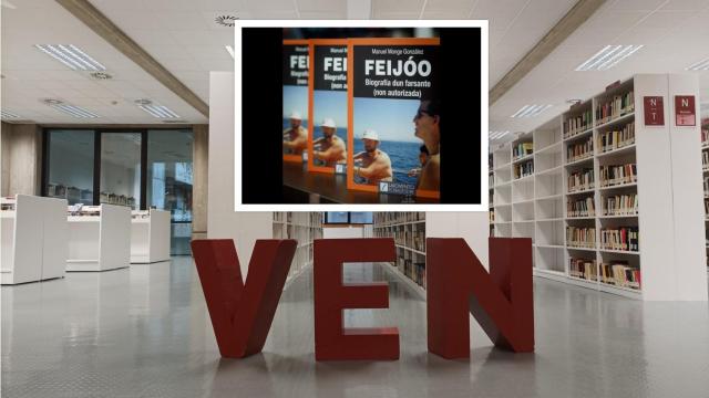 Una sala de biblioteca de Palencia junto a la portada del libro sobre Feijóo