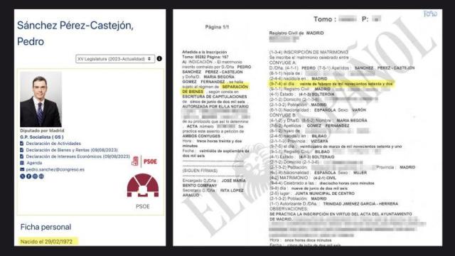 La ficha de Pedro Sánchez en el Congreso de los Diputados y el acta de matrimonio con Begoña Gómez.