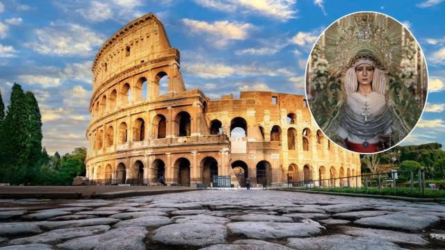 Montaje del Coliseo de Roma y la cara de la Virgen de La Esperanza de Málaga.