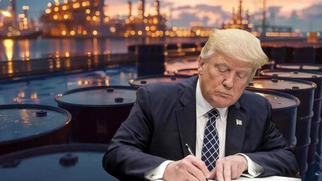 Fotomontaje de Donald Trump, presidente de los EEUU, con un fondo de una refinería de petróleo