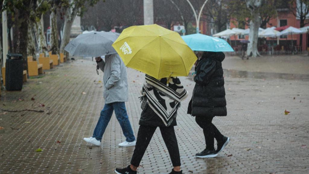 Varias personas se protegen de la lluvia en la Alameda de Sevilla.