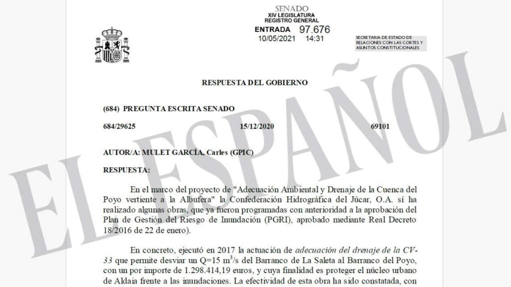 El Gobierno prometió hace 4 años en el Senado encauzar el barranco del Poyo, y lo paró por la Ley de la Huerta de Ximo Puig