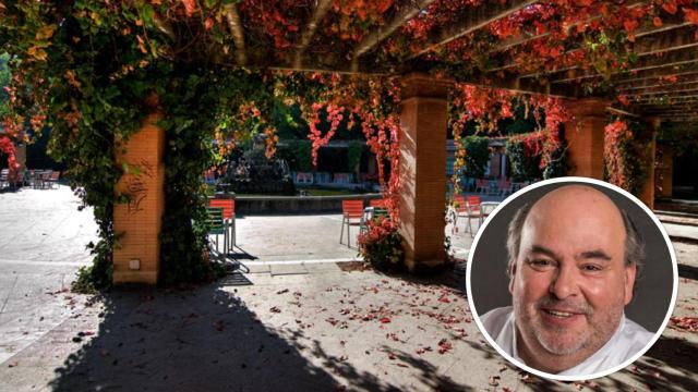 Imagen de la terraza del bar de La Pérgola de Campo Grande y, en detalle, Dámaso Vergara