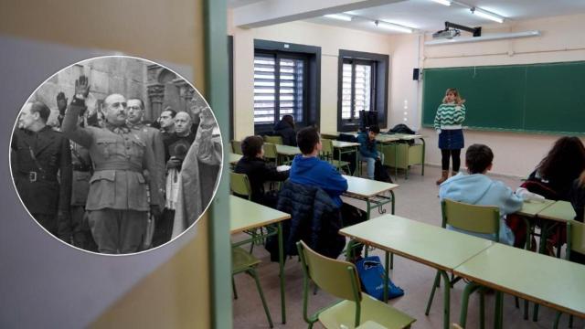 Una clase de secundaria en Castilla y León y una imagen del dictador Francisco Franco, en un montaje de EL ESPAÑOL