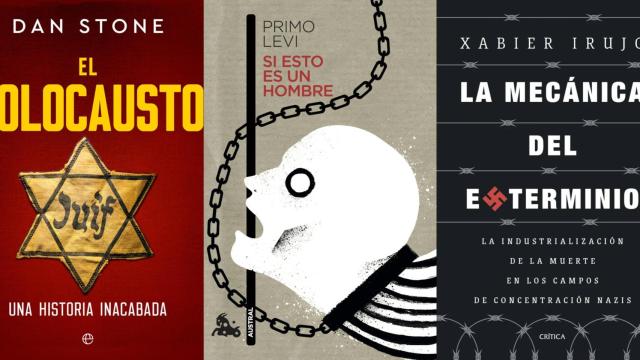 Portadas de 'El holocausto. Una historia acabada', 'Si esto es un hombre' y 'La mecánica del exterminio'