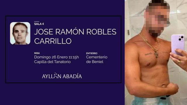 Imagen de la víctima mortal del homicidio, José Ramón Robles García, difundida en Facebook por el Tanatorio Ayllón Abadía de Alquerías. Al lado, una foto de Kevin, detenido como su supuesto homicida.