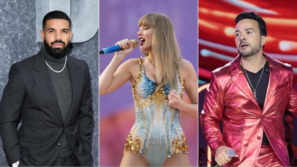 Drake, Taylor Swift y Luis Fonsi. Fotos: Doug Peters/Gtres / Lennart Preiss/DPA / Jesús Briones/Gtres