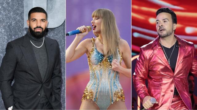 Drake, Taylor Swift y Luis Fonsi. Fotos: Doug Peters/Gtres / Lennart Preiss/DPA / Jesús Briones/Gtres