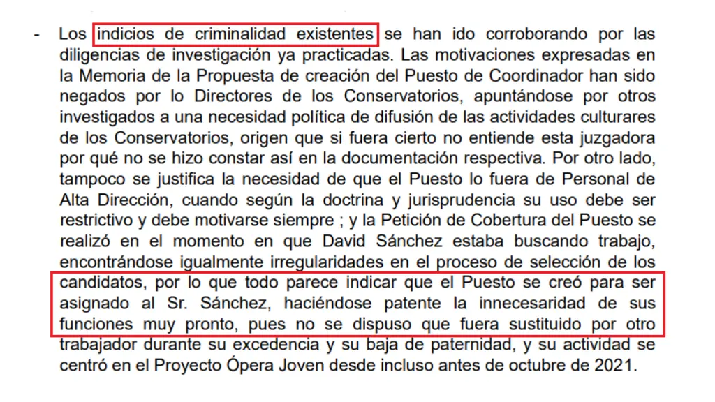 Fragmento del auto de la juez sobre el puesto de David Sánchez.