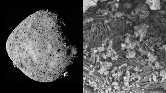 Imagen del asteroide Bennu (NASA/Goddard/University of Arizona) y los minerales que contiene (Rob Wardell, Tim Gooding and Tim McCoy, Smithsonian)