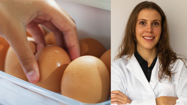 Huevos de gallina guardados en la nevera y la nutricionista Beatriz González.