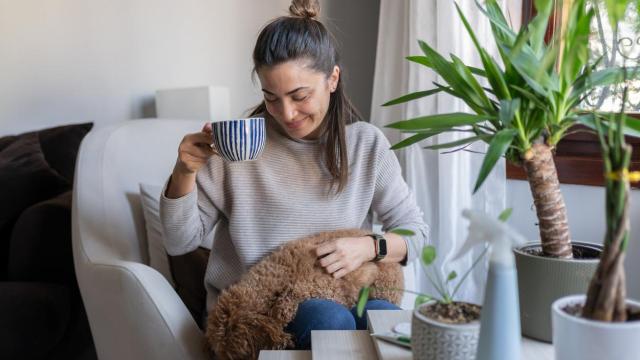 Mujer tomando café con un perro en su regazo.