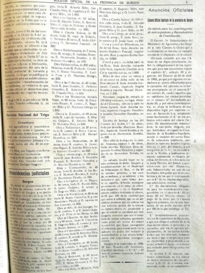 Boletín oficial de la provincia de Burgos que detalla las incautaciones a Santiago Niño Miguel.