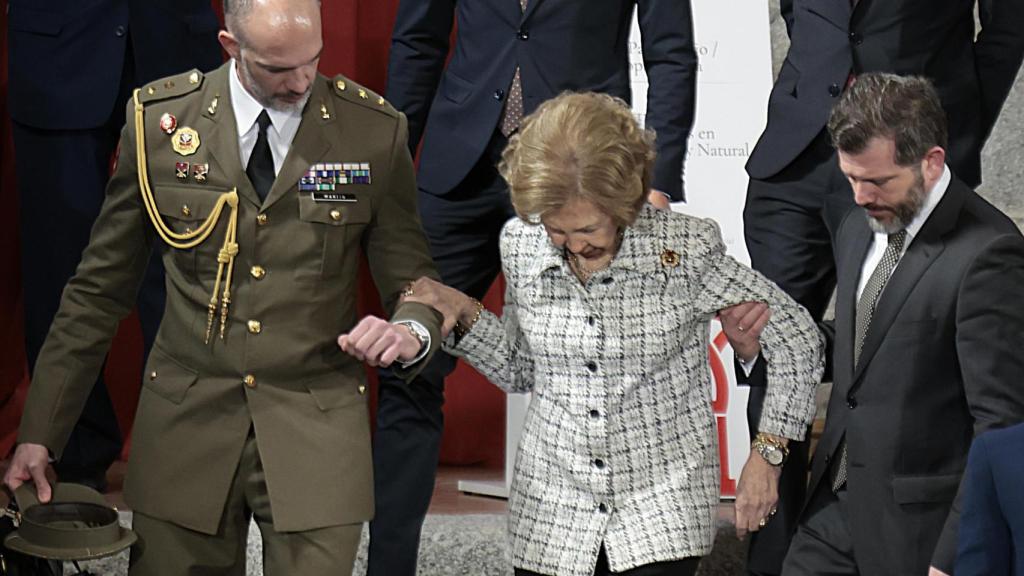 La reina Sofía recibió ayuda para bajar las escaleras en un acto celebrado en el sitio real de San Ildefonso, en Segovia, el 31 de enero.