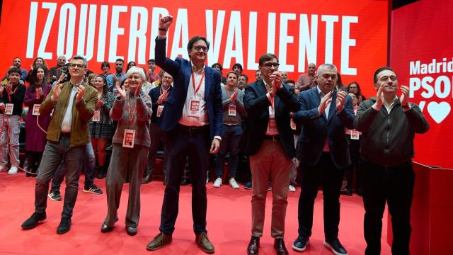 Félix Bolaños, Isaura Leal, Óscar López, Salvador Illa, Santos Cerdán y José Manuel Albares, este sábado en el Congreso del PSOE de Madrid.