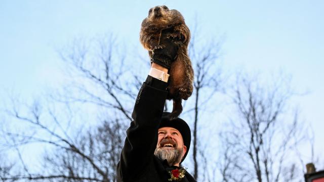 AJ Dereume sostiene a la marmota Punxsutawney Phil, mientras hace su predicción sobre cuánto durará el invierno, durante las festividades del Día de la Marmota, en Gobbler's Knob en Punxsutawney, Pensilvania, EE. UU., el 2 de febrero de 2025.