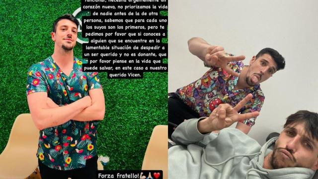 Imagen de la campaña iniciada en Instagram, para encontrar un donante de corazón para Vincenzo, junto a una foto del fisioterapeuta italiano con su buen amigo Chema.