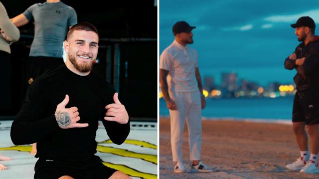 Aleksandre Topuria entrenando (izquierda) y en la playa del Postiguet junto a su hermano Ilia (vestido de color blanco).