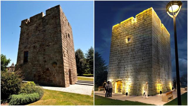 Imagen actual de la Torre de Celas y recreada virtualmente tras su restauración.