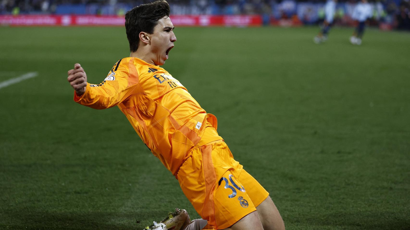 Gonzalo García celebra el gol de la victoria del Real Madrid ante el Leganés.