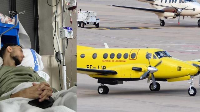 En la imagen izquierda, Abdel permanece ingresado en el Hospital Comarcal de Melilla. En la derecha, una aeronave Beechcraft B200 de Eliance, como el que le ha trasladado a Granada.