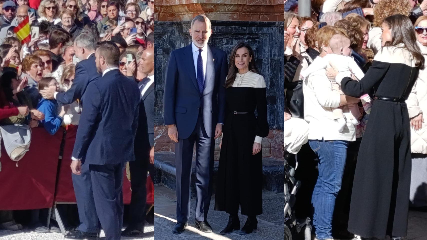 En el centro, Sus Majestades frente a la entrada de la Basílica de la Vera Cruz, y a izquierda y derecha, Felipe VI y Letizia saludan a niños durante su visita a Caravaca.