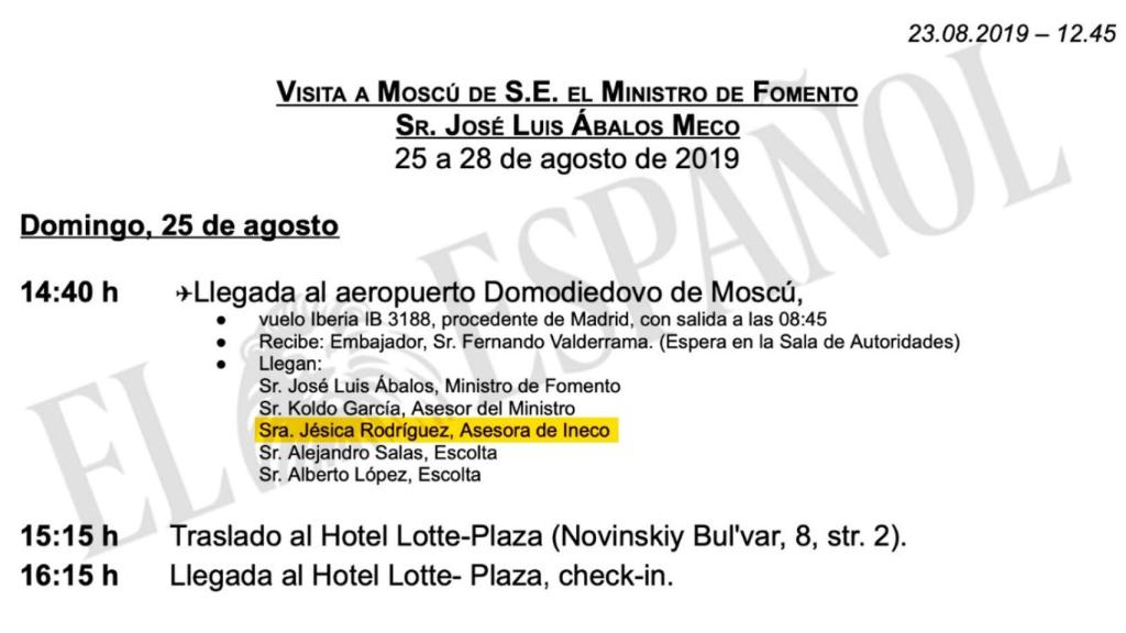 Agenda oficial del viaje del ministro José Luis Ábalos a Moscú entre el 25 y 28 de agosto de 2019 y en el que fue acompañado por su novia Jésica como asesora de Ineco.