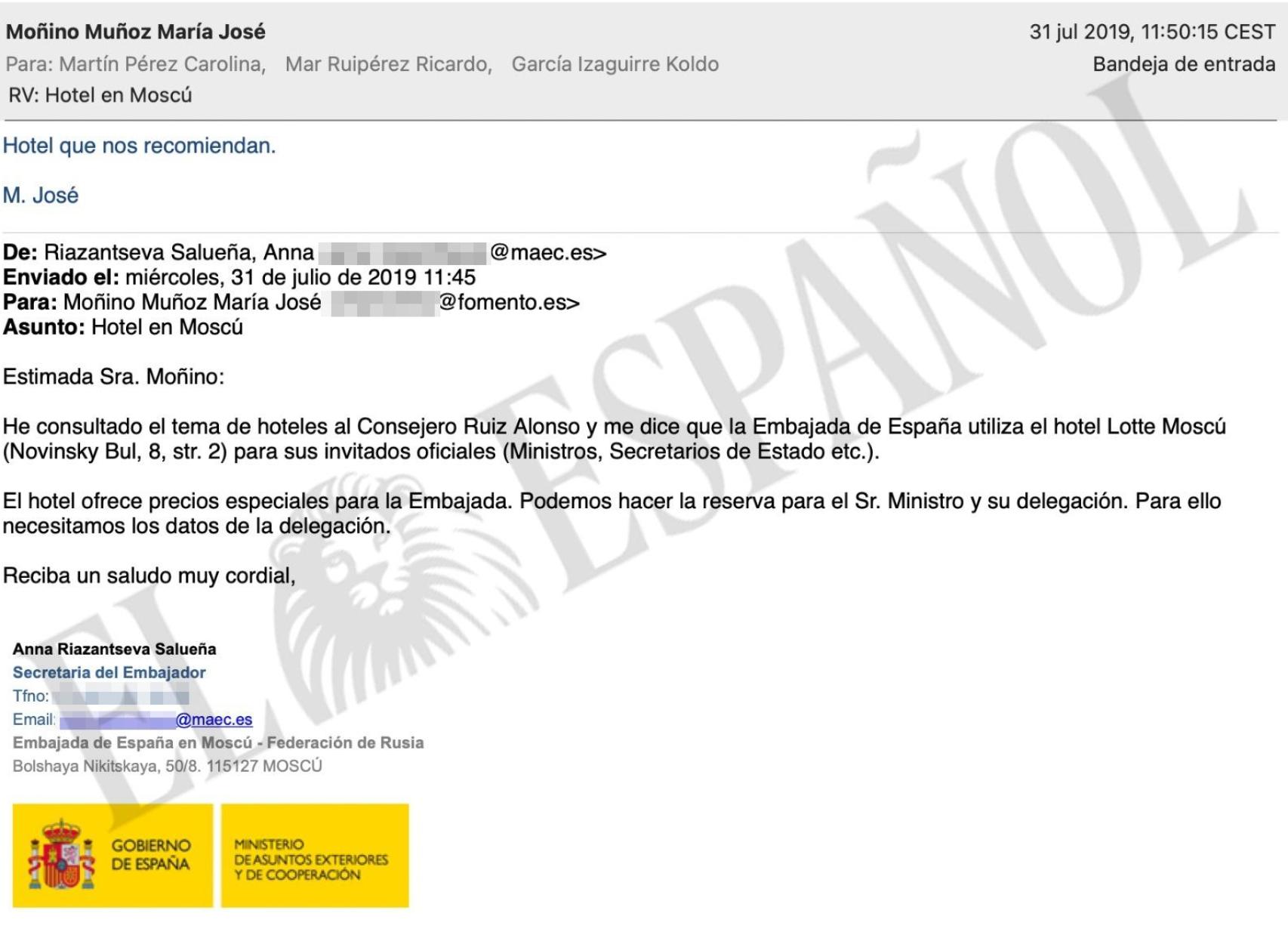 Email de la secretaria del embajador español en Moscú a la jefa de protocolo del Ministerio de Transportes de Ábalos.