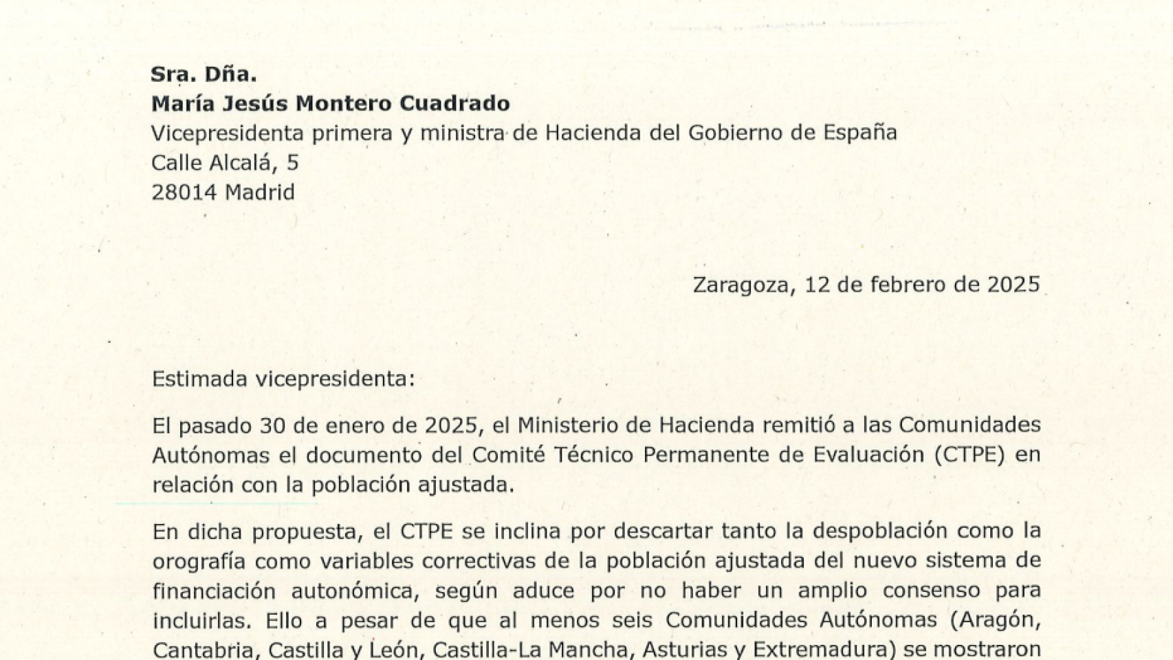 Azcón pide por carta una reunión a la ministra Montero para que la despoblación cuente en la nueva financiación