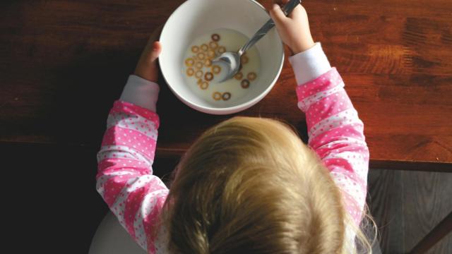 Una niña desayunando.