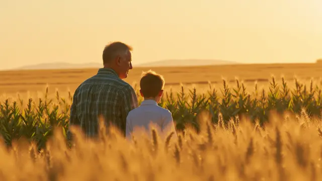 Ilustración creada con inteligencia artificial de un padre junto a su hijo en un campo de cultivo.