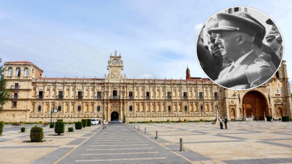 El actual Parador de San Marcos y el dictador Francisco Franco, en un montaje de EL ESPAÑOL