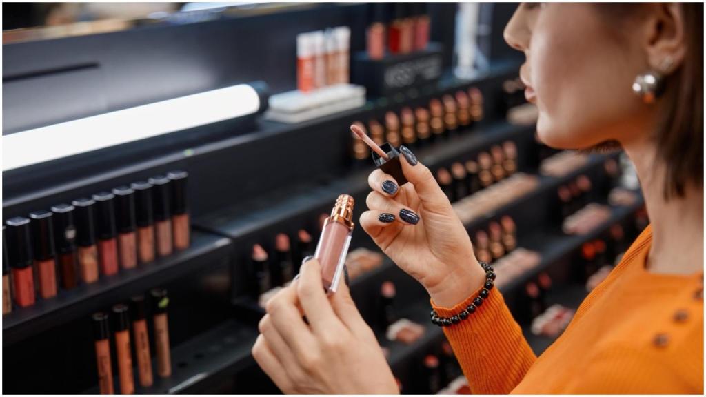 Una mujer prueba cosméticos en una tienda de maquillaje