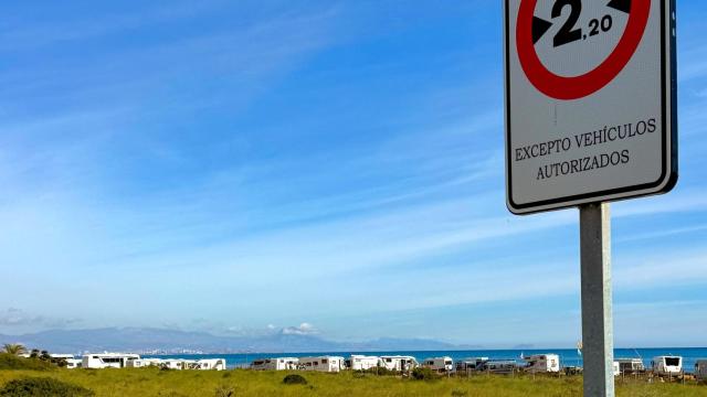 La señal en las playas de Elche que prohíbe el acceso a vehículos de más de 2,2 metros de ancho.