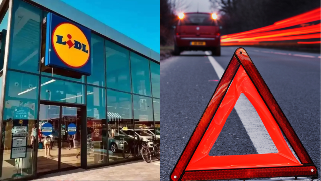 Supermercado Lidl y vehículo parado en el arcén con las luces de emergencia y el triángulo.