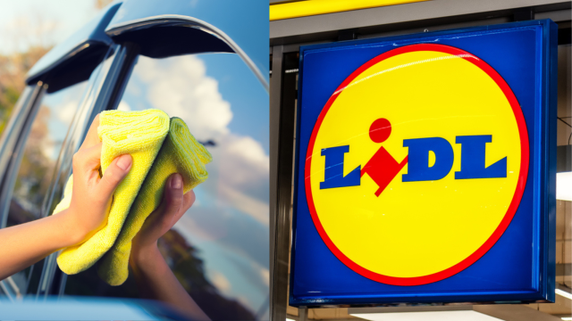 Limpieza de los cristales de un coche y un cartel de Lidl.