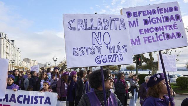 Varias personas sujetan carteles durante una manifestación del 25N contra las violencias machistas en Santander, Cantabria.