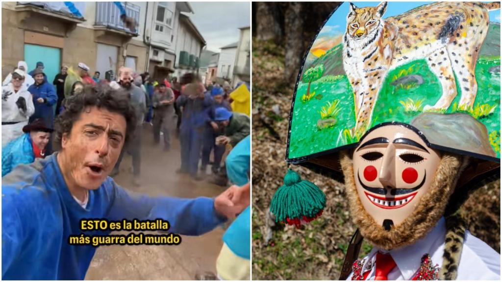 Una captura del vídeo del carnaval de Laza y una persona con el disfraz típico de peliqueiro