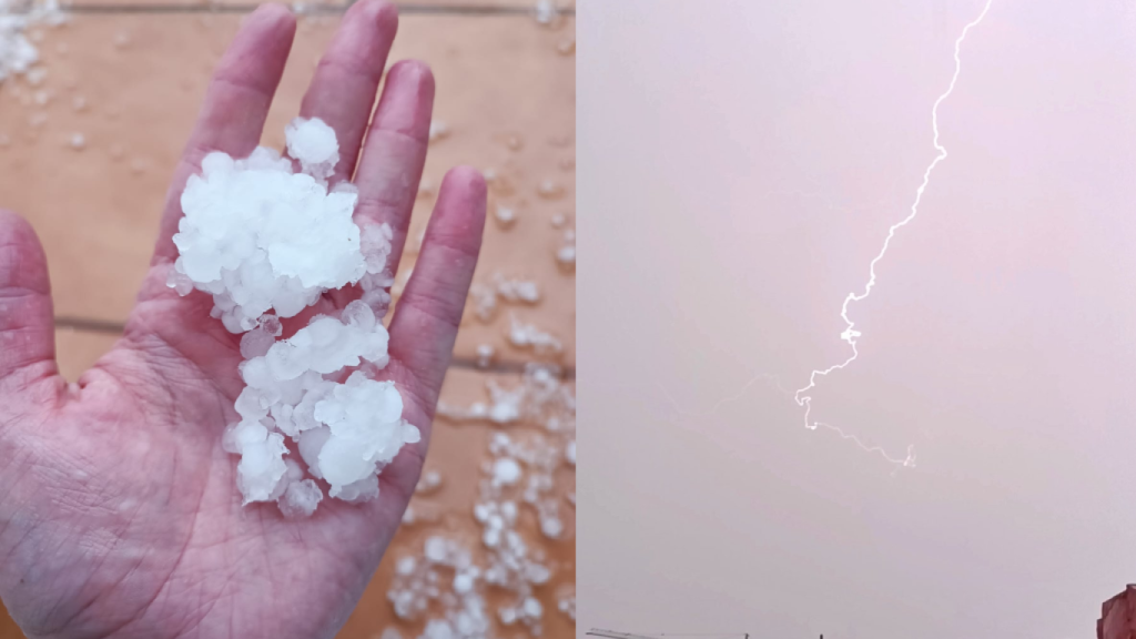 El granizado que ha caído este martes en Aspe, junto con un rayo captado en Sant Joan d'Alacant.