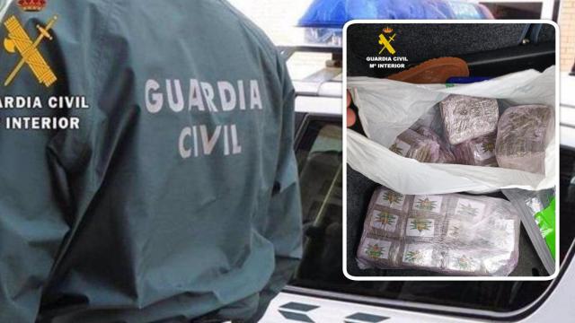 Imagen de archivo de un agente de la Guardia Civil y, en el recuadro, el material incautado en Almazán