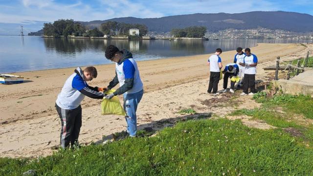 Estudiantes de Vigo retiran 270 kilos de basura marina y flora invasora de la playa de Cesantes