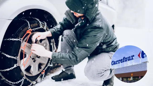 Hombre poniendo las cadenas en las ruedas del coche.