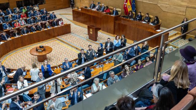 Las bancadas del PSOE y Más Madrid aplauden a un grupo de afectados por las muertes en las residencias de la CAM durante el Covid-19.